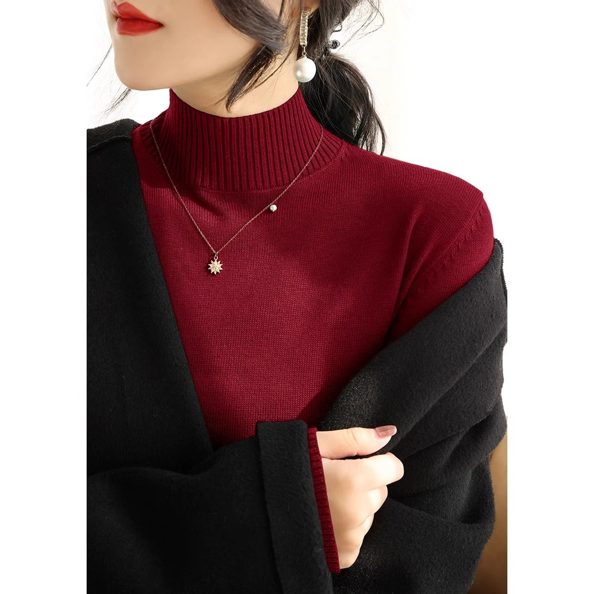 秋冬酒红色半高领针织打底衫女修身毛衣配大衣的内搭上衣1121z