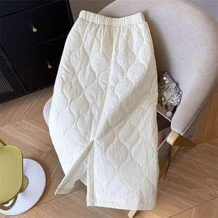 白色羽绒棉半身裙女秋冬高腰开叉直筒裙加厚保暖中长款夹棉裙子