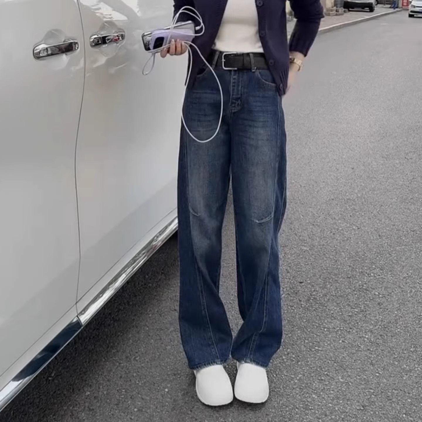 超好看窄版弯刀牛仔裤女秋冬加绒高腰梨形身材显瘦百搭直筒阔腿裤