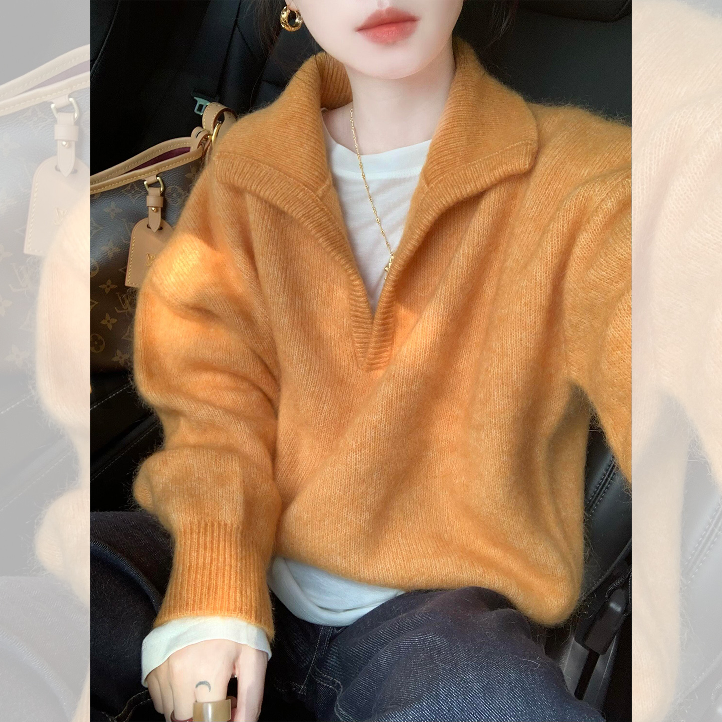 多巴胺橘色半开领加厚针织衫毛衣女冬季慵懒风加厚可外穿内1206r
