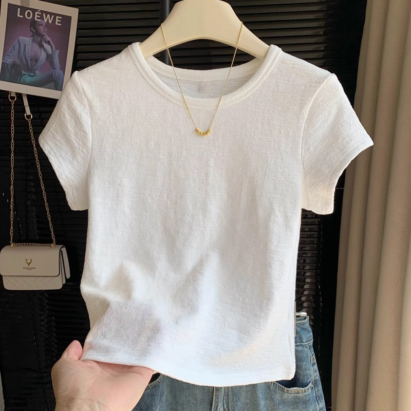 韩系正肩白色肌理感短袖T恤女夏季修身显瘦圆领不撞款百搭上衣