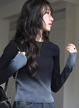 黑色渐变正肩长袖t恤秋新款修身内搭打底衫紧身时尚百搭上衣0115k