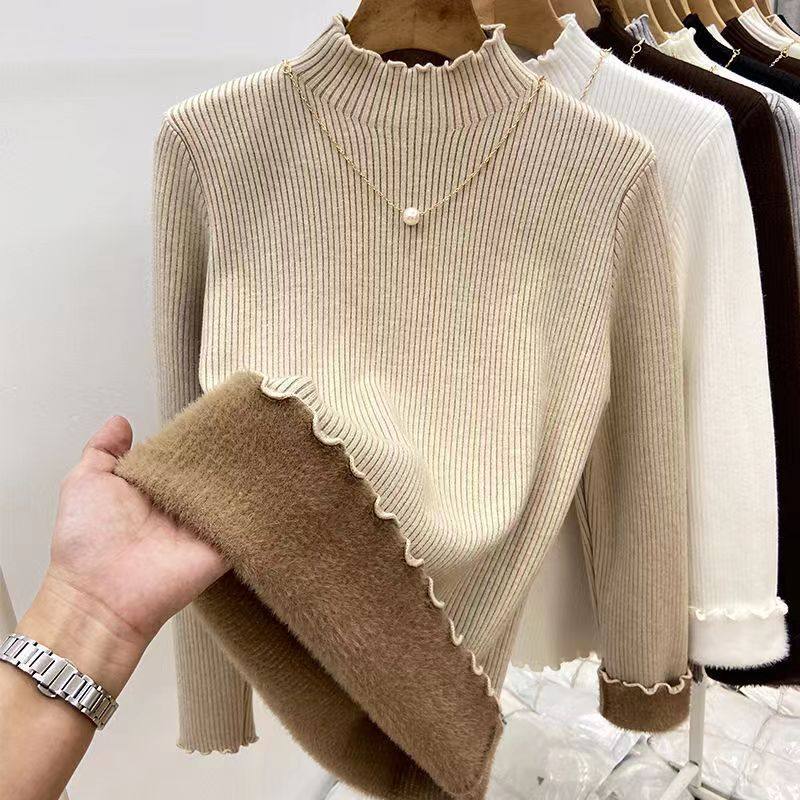 半高领打底衫女秋冬加绒加厚一体绒毛衣显瘦保暖木耳边针织衫上衣,户外/登山/野营/旅行用品,速干T恤,淘宝优惠券,粉丝福利购,淘宝优惠卷