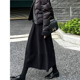 法式赫本风黑色毛呢半身裙女秋冬新款高腰显瘦a字裙中长款大摆裙