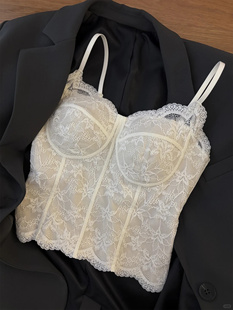 加绒蕾丝吊带背心女带胸垫法式马甲线鱼骨胸衣保暖背心西装内搭