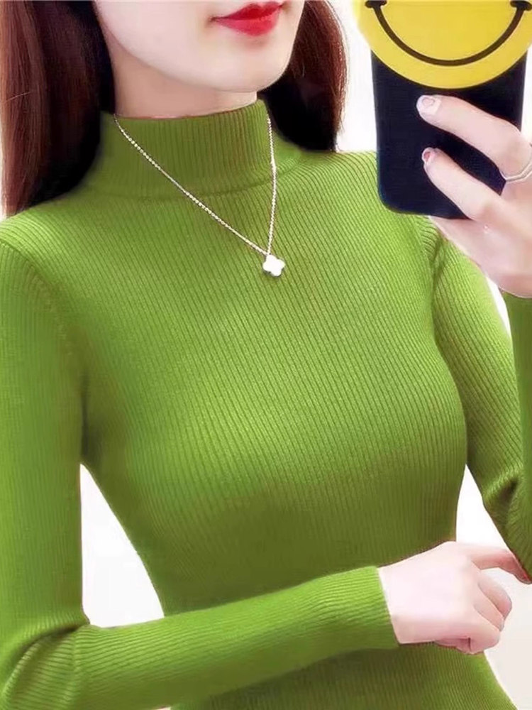 牛油果绿半高领针织打底衫女内搭秋冬修身显瘦加厚软糯高级感毛衣,女装/女士精品,毛针织衫,淘宝优惠券,粉丝福利购,淘宝优惠卷