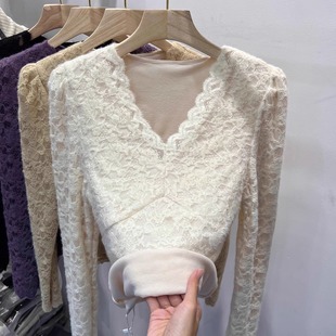 低领蕾丝打底衫女皮草内搭秋冬加绒加厚V领高级感收腰网纱上衣