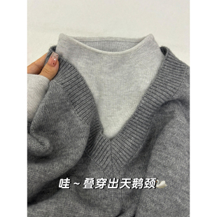 灰色小立领打底衫 叠穿内搭不起球毛衣洋气半高领针1010c 女冬修身
