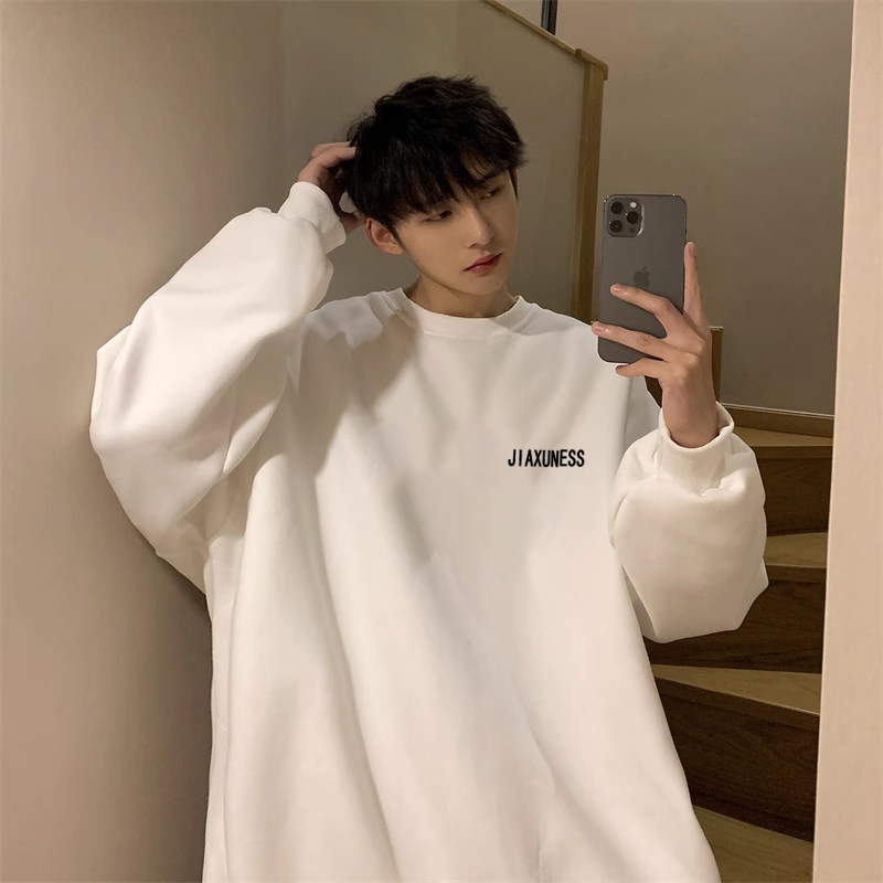 美式重磅100%潮牌纯棉日系港风宽松圆领无帽青少年卫衣秋冬季宽松