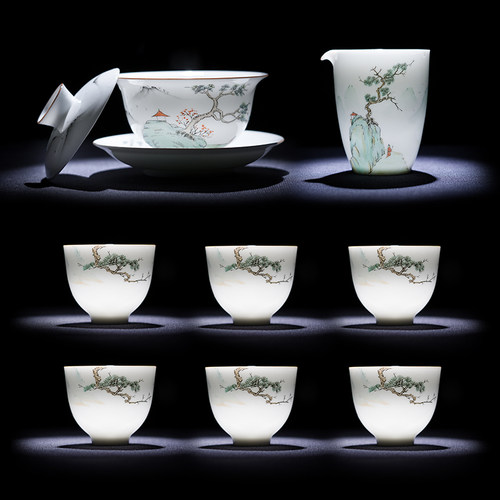 窑屋一品手绘松下暮云盖碗套装