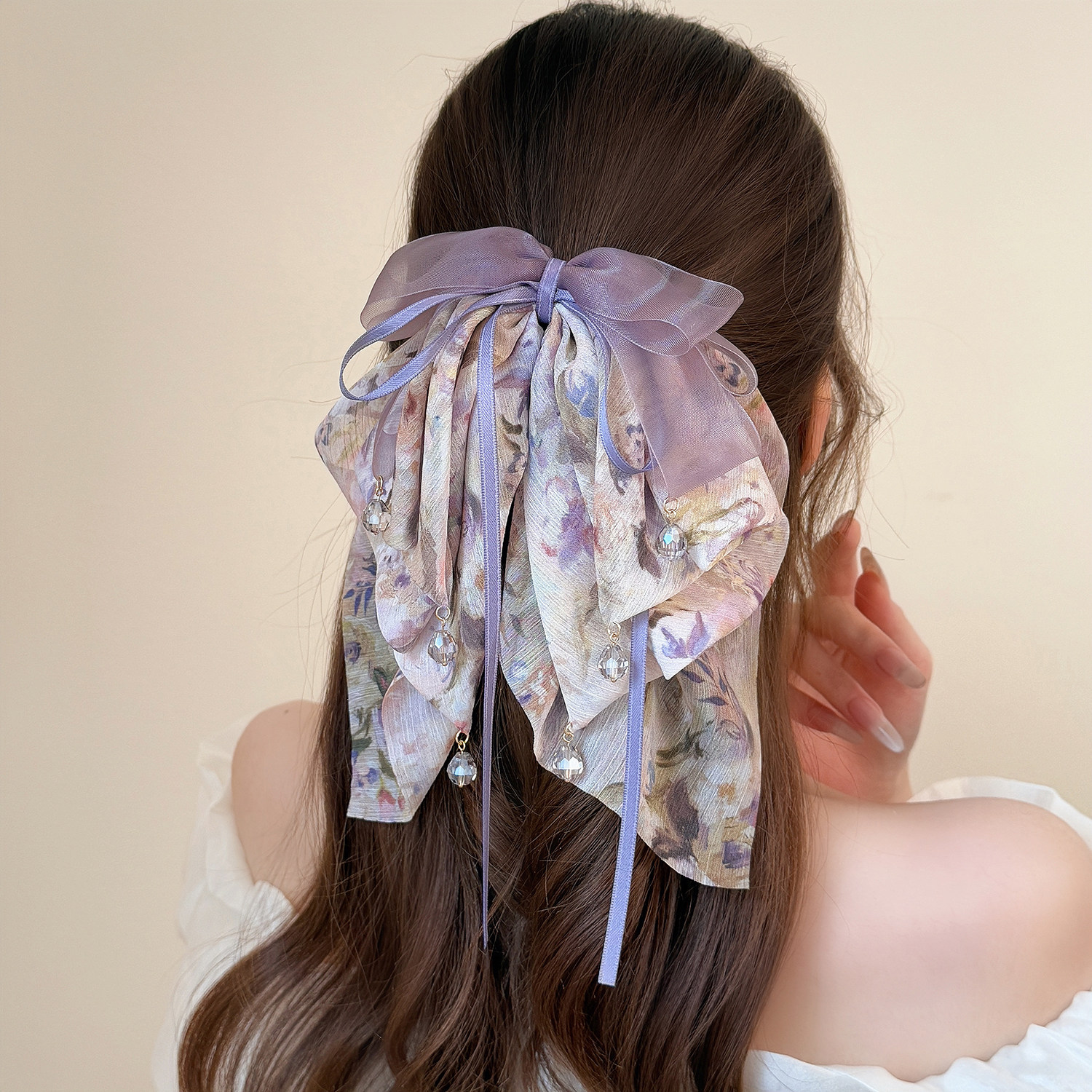 超仙多层碎花蝴蝶结马尾夹紫色雪纺抓夹百搭头花头饰发饰2026新款