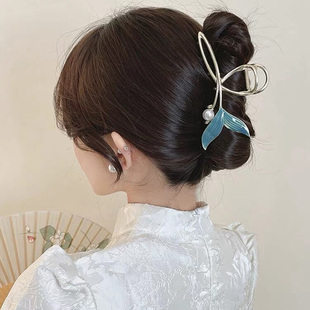 蓝色鱼尾发夹高级感抓夹女夏季大号后脑勺鲨鱼夹网红发抓时尚发饰