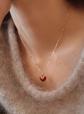 酒红色复古滴釉爱心项链女2025新款爆款气质颈链锁骨链秋冬毛衣链