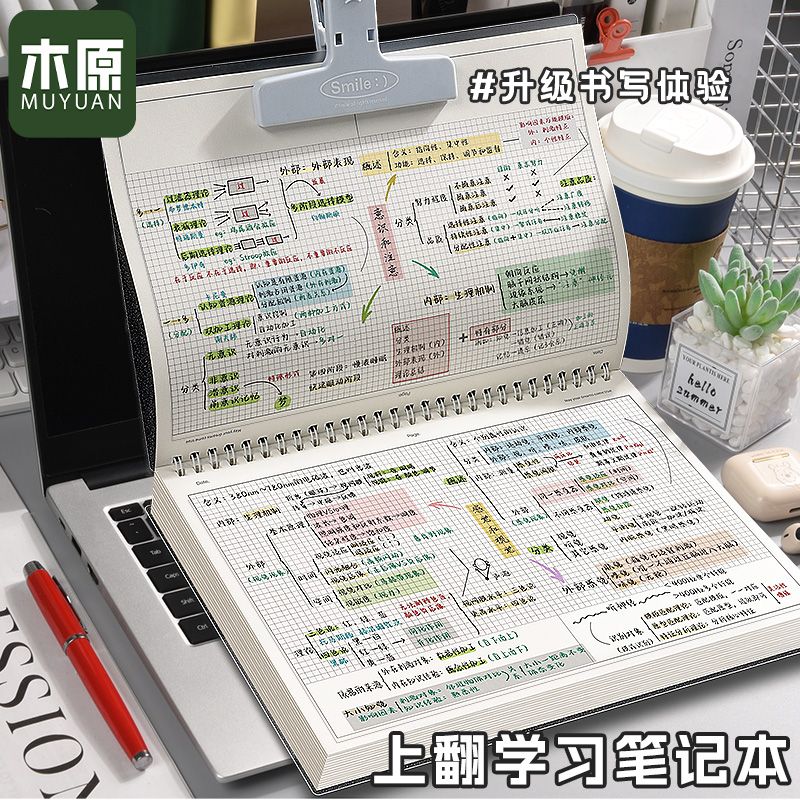 木原B5横版上翻线圈本加厚简约方格横线本子大学生考研错题笔记本方形不硌手读书笔记本本子简约复古高中生