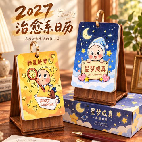 星星人台历2027年新款治愈系文艺复古桌面摆件迷你木纹日历高考中考倒计时打卡日历创意月历羊年日程计划表
