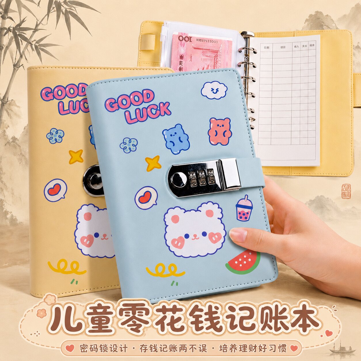 儿童零花钱记账本2026新款存钱本带密码锁理财存钱夹钱册大容量多功能防水人民币5万元现金存钱袋带密码锁 - 实物图