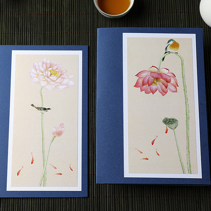 古香古色荷花 荷韵中国风简约卡片 端午中秋新年生日圣诞节日祝福感恩