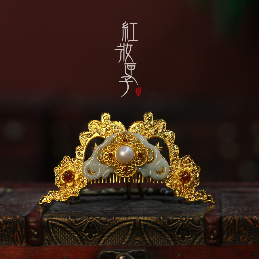 红妆匣子原创唐风发梳唐朝插梳金色复古翡翠发梳古风头饰汉服配饰