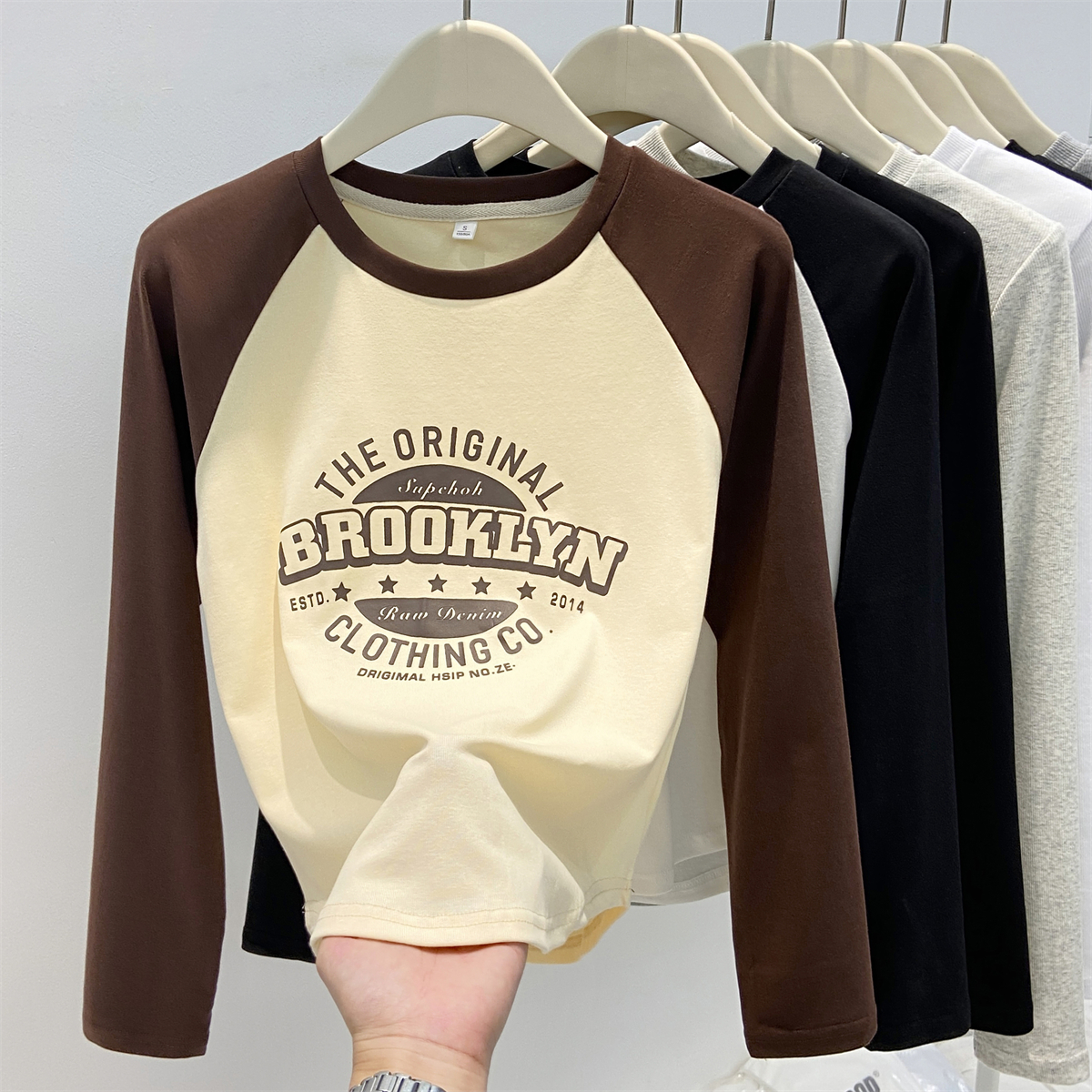 实拍 撞色插肩长袖t恤女拼接内搭短款打底衫秋装上衣女