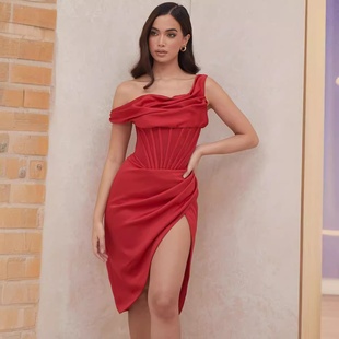 Red Party dress红色单斜肩晚会派对性感鱼骨礼服不规则连衣裙