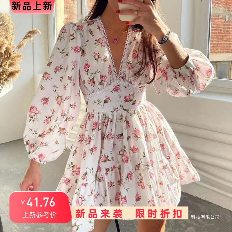 Chiffon autumn dress雪纺灯笼袖V领印花长袖收腰A型纯欲风连衣裙