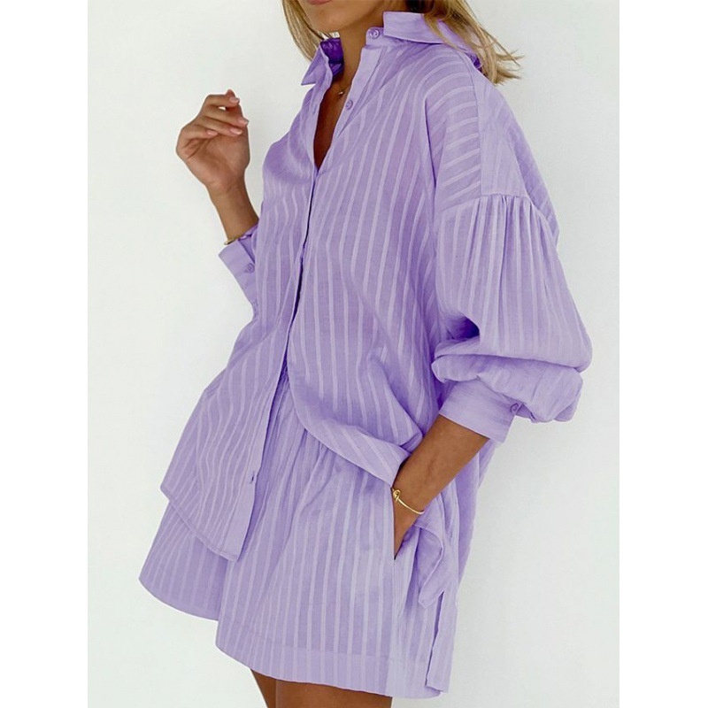 欧美气质衬衣条纹泡泡袖短裤通勤休闲套装Shirt and shorts set
