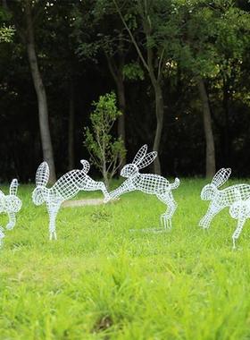户外不锈钢镂空兔子雕塑园林售楼部草坪铁艺发光动物景观装饰摆件