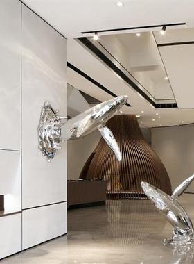 玻璃钢电镀鲸鱼落地大摆件海豚鲨鱼雕塑商场大堂酒店壁挂艺术装置