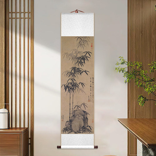 墨竹坡石水墨竹子卷轴挂画