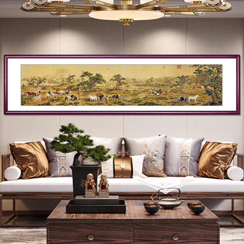 郎世宁百骏图国画中国十大名画客厅装饰画沙发背景壁画办公室挂画