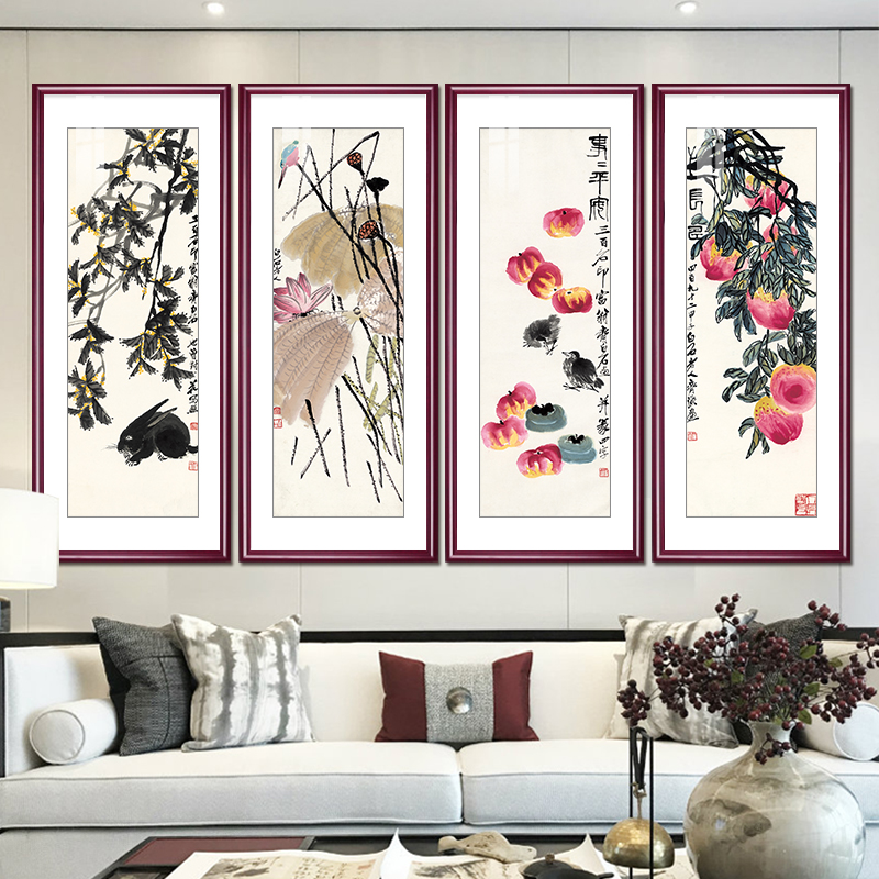 国画齐白石画四联寿桃水墨画新中式客厅装饰画餐厅水果画玄关挂画图片