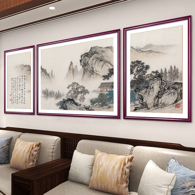 新中式客厅装饰画望云楼三联画沙发背景墙挂画国画山水画书房壁画