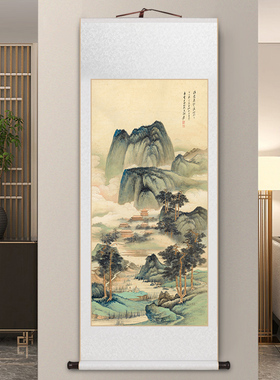 张大千晴霭仙阁玄关画名家卷轴挂画新中式客厅装饰画办公室山水画