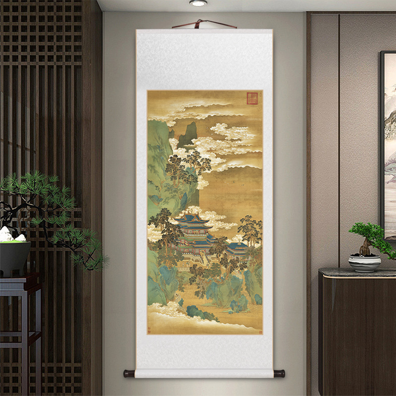 仙山楼阁图青绿山水仿古挂画新中式客厅装饰画书房茶室玄关画画国
