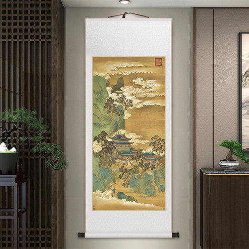 青绿山水卷轴挂画仙山楼阁玄关画