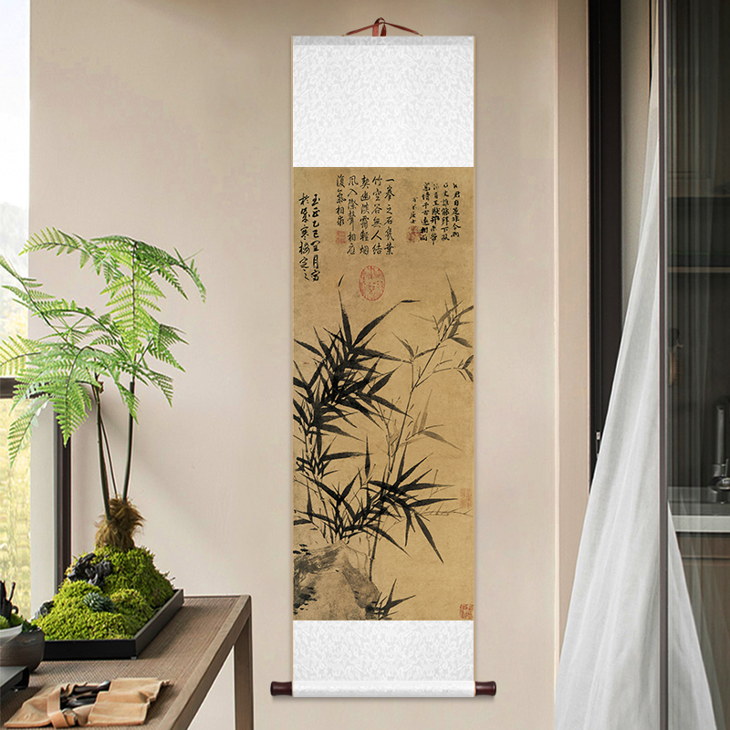 顾安拳石新篁墨竹图竹子卷轴挂画