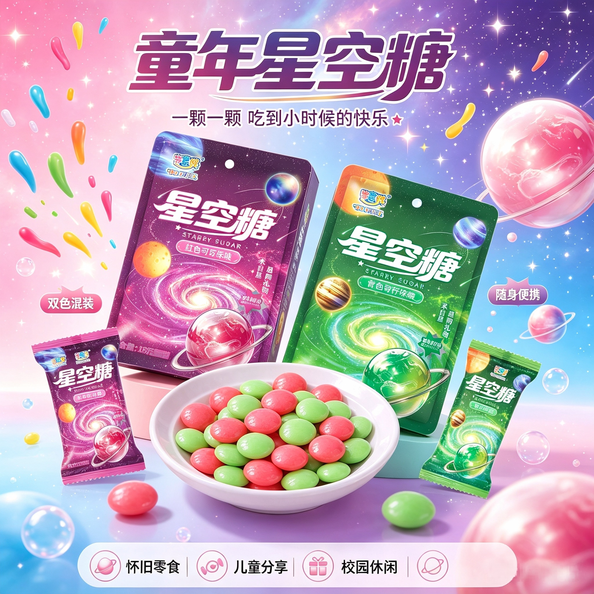 星空糖网红夹心糖果红绿双味可乐味青柠味星球糖休闲解馋小零食品