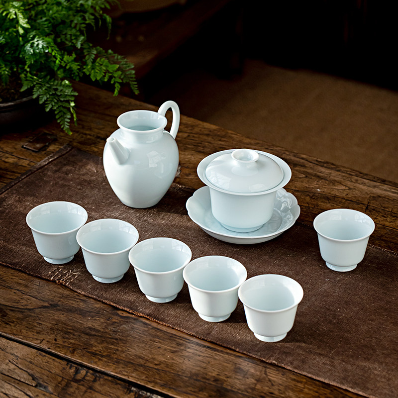 玉泥湖田影青瓷茶具套装功夫茶杯家用小套办公室高档三才盖碗茶杯
