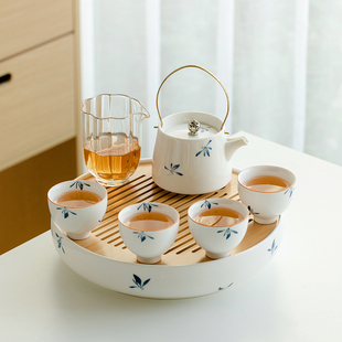 家用客厅轻奢现代盖碗茶壶泡茶带烧水煮茶壶礼盒 手绘功夫茶具套装