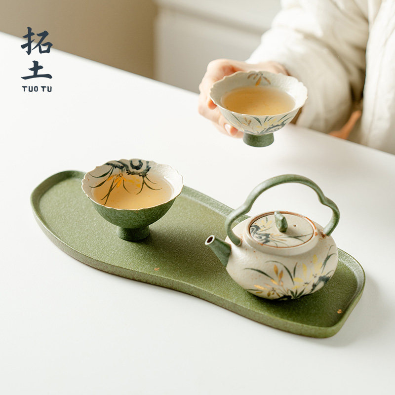 拓土陶瓷茶壶茶杯功夫茶具套组中式手绘墨兰提梁壶带茶盘泡茶专用
