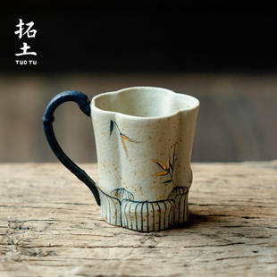 拓土泡茶杯主人杯纯手绘竹影带把陶瓷品茗杯女士个人专用单杯水杯