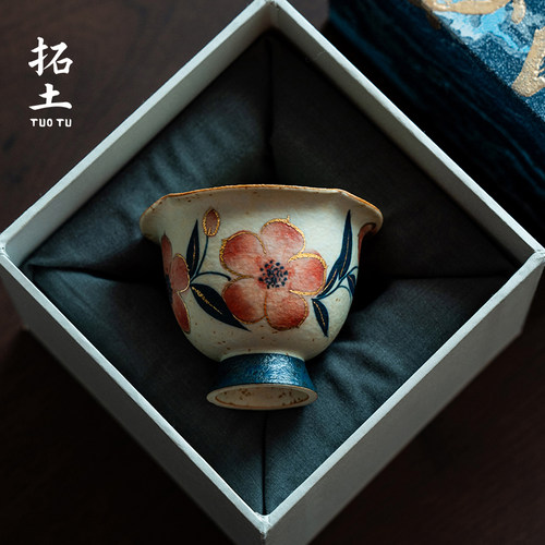 拓土纯手绘桃花陶瓷茶杯青花火石新款主人杯家用覆古杯子功夫茶具