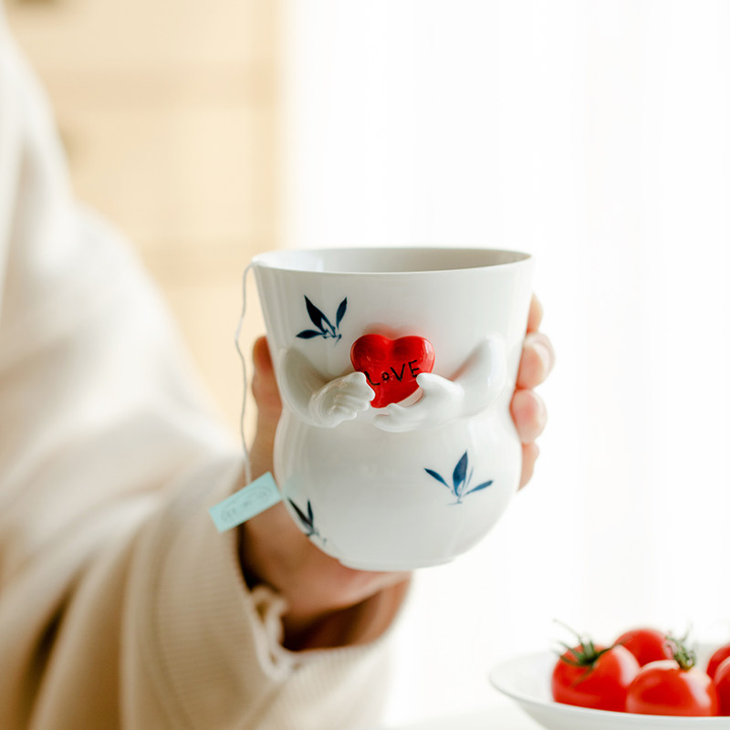 拓土家用陶瓷茶水杯泡茶杯主人杯单个杯纯手绘蝴蝶兰花手握爱心杯