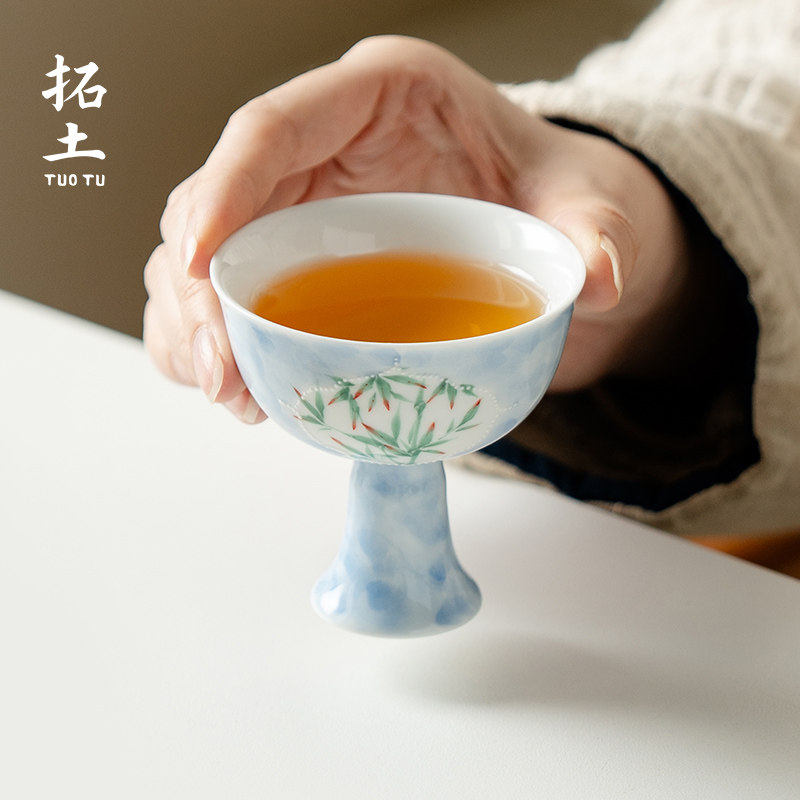 拓土高颜值茶杯主人杯手绘陶瓷高足杯淡蓝竹韵功夫茶具品茗杯茶盏