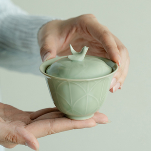 拓土青瓷盖碗茶杯家用哑光浮雕莲座陶瓷二才茶碗功夫泡茶器不烫手