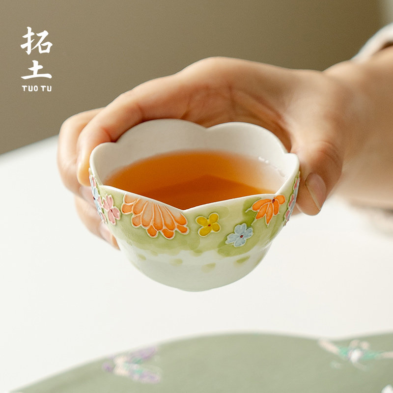 拓土高颜值茶杯主人杯手绘彩花缀春陶瓷专用泡茶杯功夫品茗杯单杯