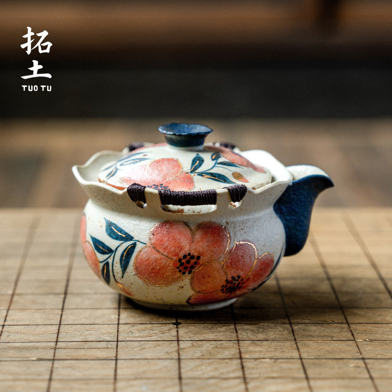 拓土纯手绘桃花茶壶盖碗陶瓷单个高端不烫手带盖手抓壶泡茶器单壶