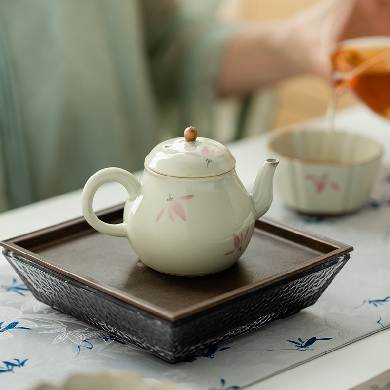 拓土陶瓷茶壶单壶女士专用小茶壶茶具釉下手绘粉兰花梨型壶泡茶壶