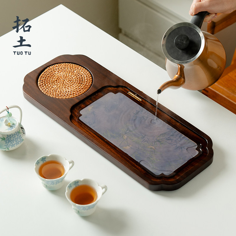 拓土繁花胡桃木茶盘高档干泡台家用小型功夫茶台变色大号长方托盘
