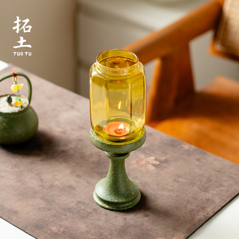 拓土青橘玻璃烛台高硼硅烛台新中式香薰蜡烛台陶瓷底座茶室气氛灯